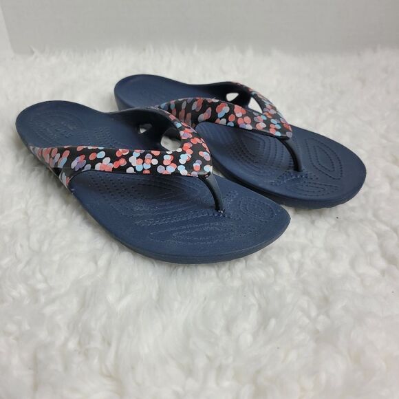 CROCS Kadee II Women's Sandals Size 9 Blue Polka Dot Graphic Thong Flip Flops - Picture 1 of 7